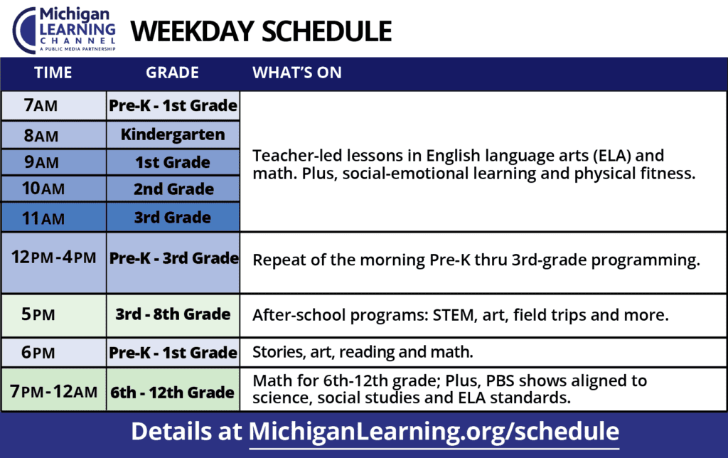 Weekday TV schedule for the Michigan Learning Channel