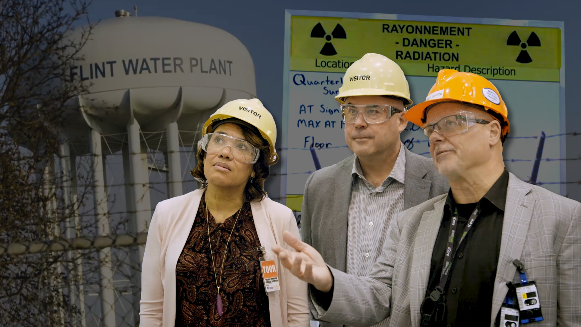 Three peopel in hardhats in front of a collage background of a water tower and a sign that warns of radiation