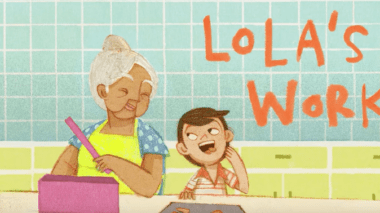 Illustration of a grandmother and grandson in a brightly colored kitchen. The title 