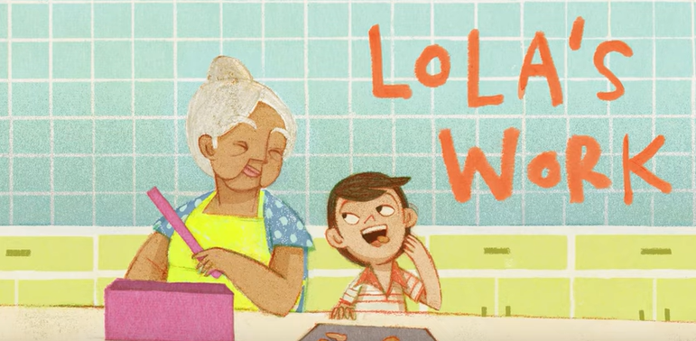 Illustration of a grandmother and grandson in a brightly colored kitchen. The title "Lola's Work" is next to them