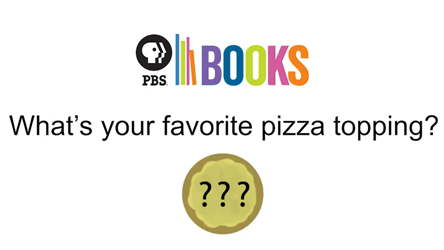 "What's Your favorite pizza topping?" In black text on white background. A cartoon drawing of a cheese pizza is under the question, and the PBS Books logo is above.