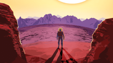 An illustration of a person ina spacesuit standing on a red and purple, mountaneous planet.