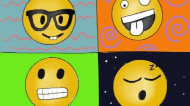 Four yellow smiley faces. each has a differnt expression and is on a different patterned background.