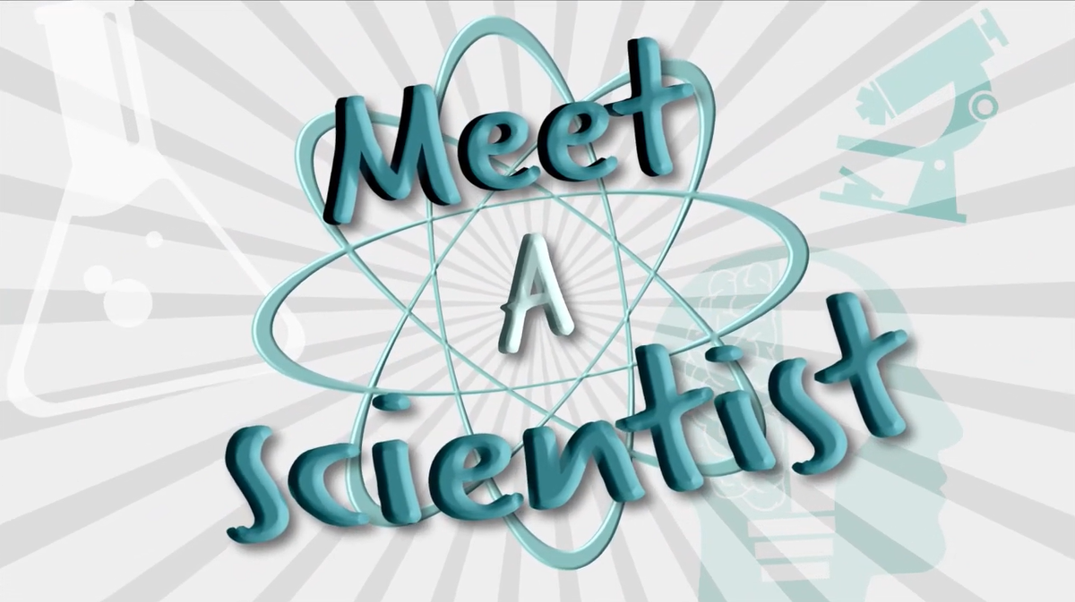"Meet a Scientist" word art on top of an abstract electron cloud model.