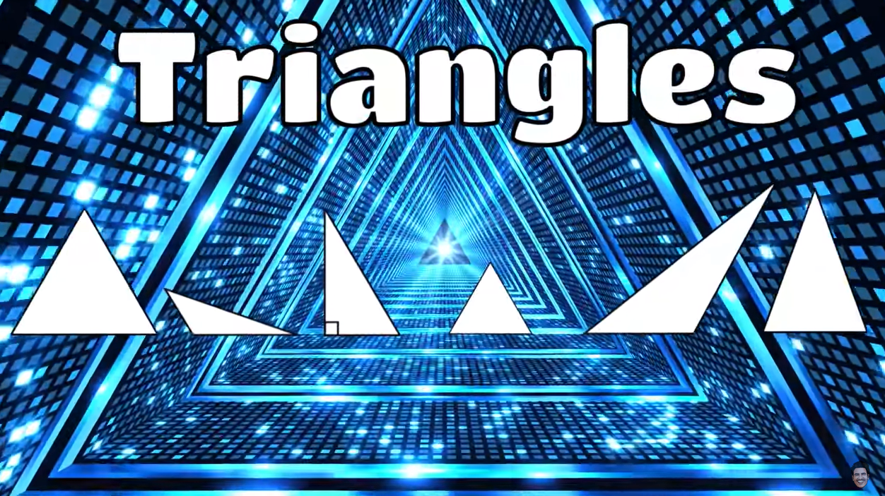 Blue geometric background with the title "triangles" in large qhite letters. DIfferent types of trienges are below the title in white