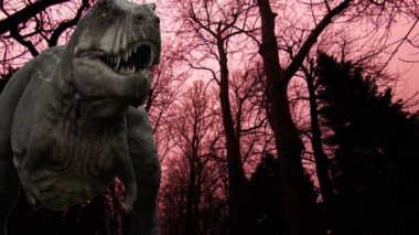 An animatronic T-Rex in a forest. The sky is a pink-tinted red.