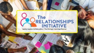 Group of students working on a project with the Relationships Initiative logo superimposed.