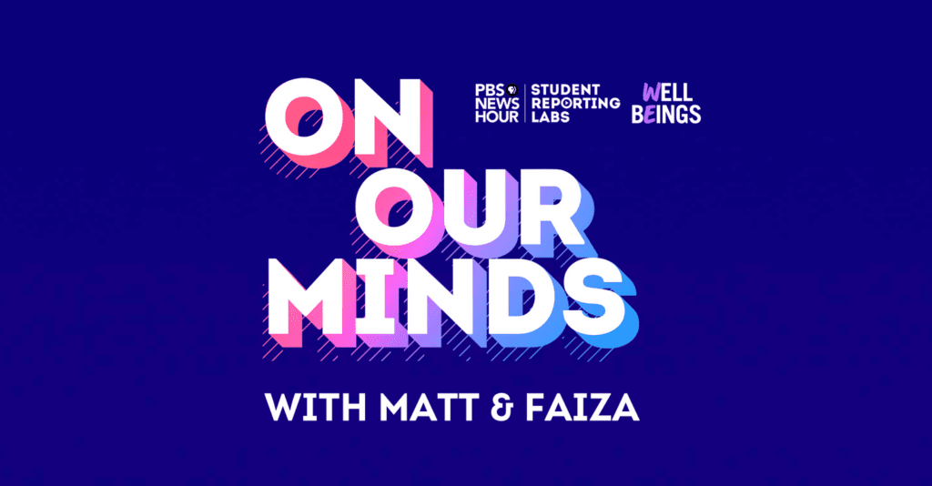 "On Our Minds" podcast title card. A blue background with the title in pink, purple, and blue gradient block letters.