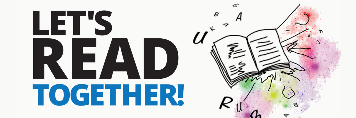 The Let's Read Together web banner. A black drawing of a book with watercolor effects and letters around it. The words Let's Read Together are in large, bold font on the left.