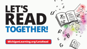 A white illustrated book with paint splatters, letters, and squiggles are surround the book next to the words "Let's Read Together!"