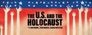 Banner image for the US and the Holocaust. The top has a blue border with white stars with red faded to white at the bottom. Silhouettes of hands are reaching up form the bottom of the image.