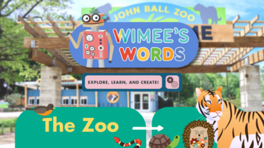 An out of focus photo of the John Ball Zoo. The Wimee's Words logo, the title 