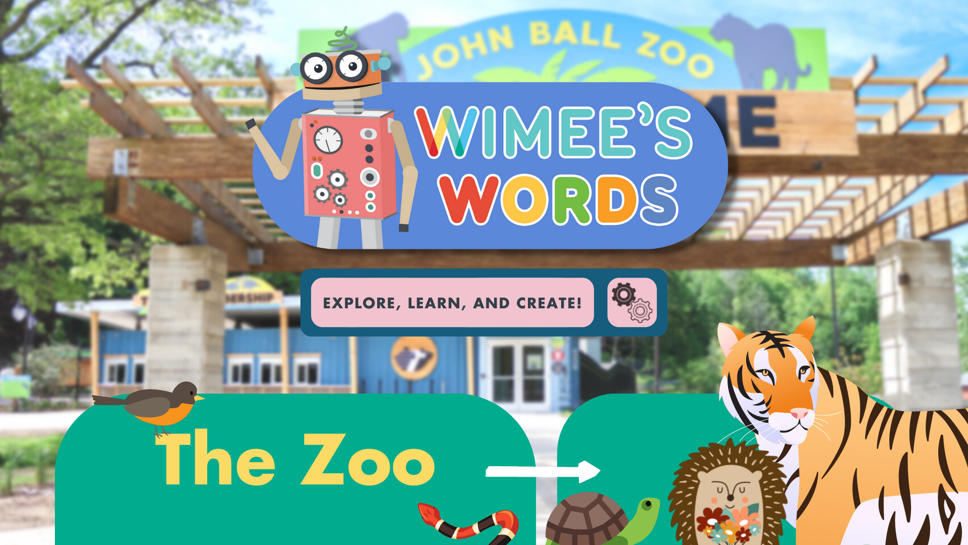 An out of focus photo of the John Ball Zoo. The Wimee's Words logo, the title "The Zoo," and graphics of a tiger, turtle, snake, anf bird are over the image.