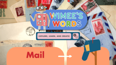 An out of focus photo og a spread of letters. The Wimee's Words logo, the title 