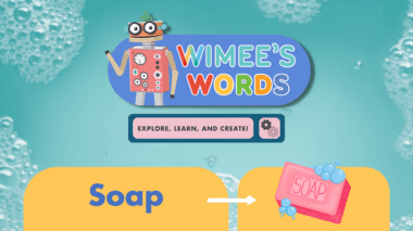 An image of soap bubbles sitting on blue water. The WImee's WOrds logo, the title 