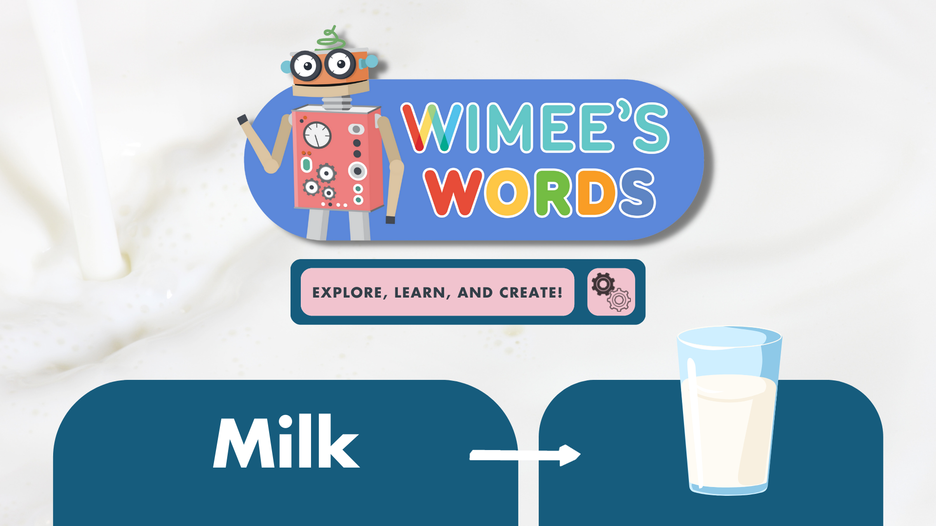 A cluse-up photo of milk pouring. The Wimee's Words logo, a graphic of a glass of milk, and the title "Milk" are over the image.