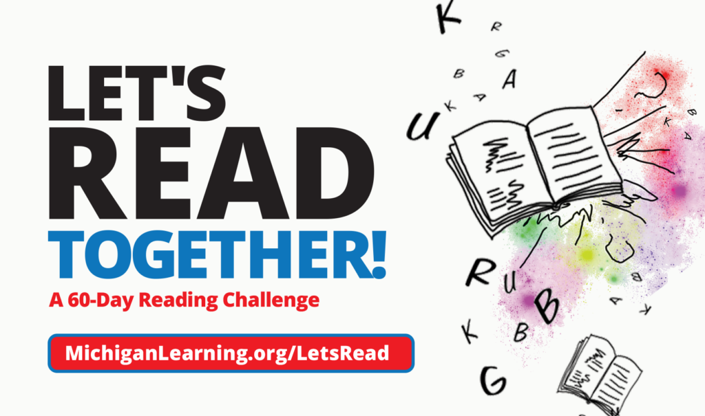 A white illustrated book with paint splatters, letters, and squiggles are surround the book next to the words "Let's Read Together!"