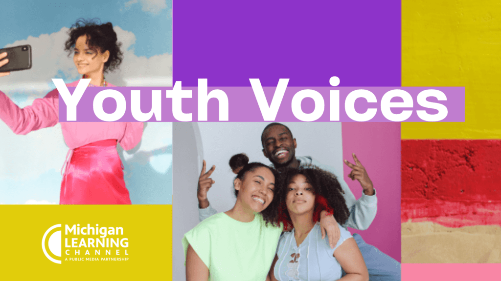 Text saying "Youth Voices" over a collage of photos of teenagers and blocks of color