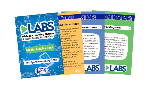 A cpread of the LABS media cards. the cover is blue with graphics of cameras, pencils, and school supplies. the cards in teh spread are blue, yellow, and green with black text on a white rounded background.