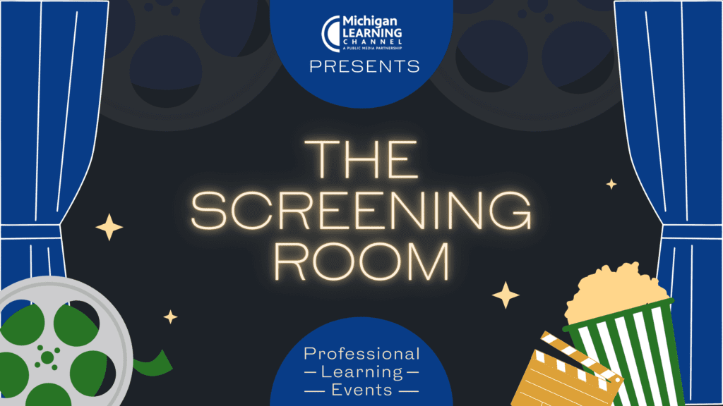Graphics that look like blue curtains on either side of a black background. Text that reads MLC Presents: THe Screening Room. Graphics of a film reel, film clapper, and popcorm are along the bottom of the image.