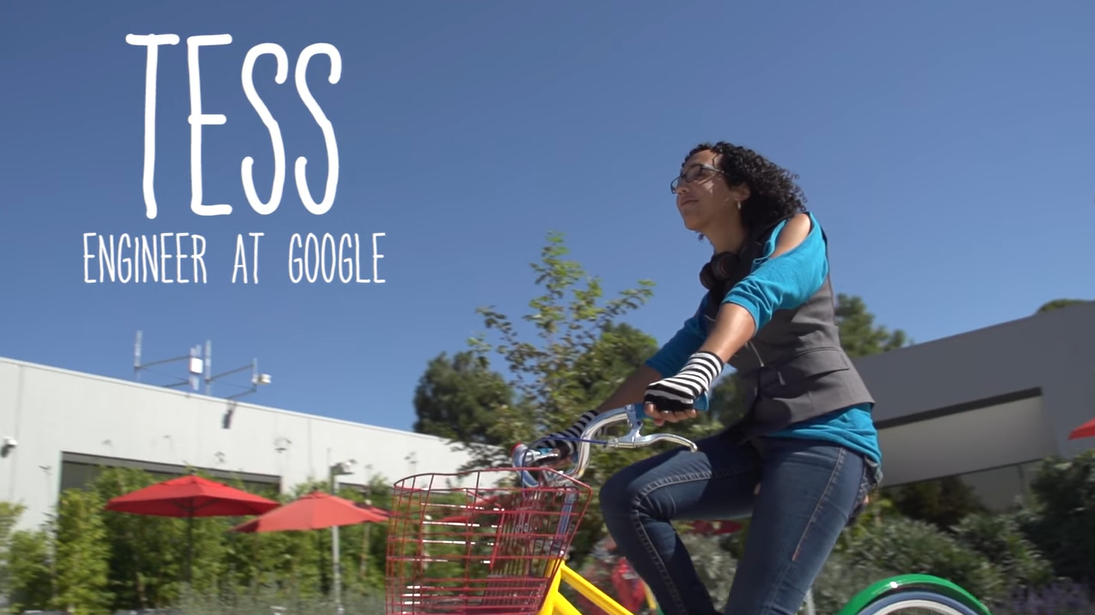 a woman riding a bike on a sunny day. text overlay reads Tess: Engineer at Google"