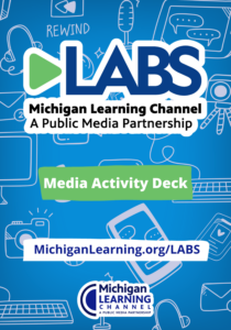 LABS media deck cover. It is blue with graphics of media and school supplies like a camera, pencil, and microphone.