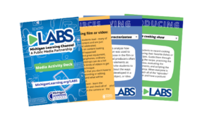 A cpread of the LABS media cards. the cover is blue with graphics of cameras, pencils, and school supplies. the cards in teh spread are blue, yellow, and green with black text on a white rounded background.