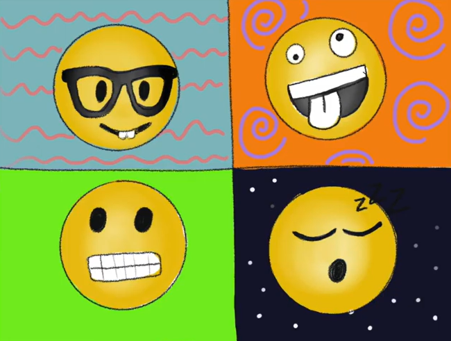 Four yellow smiley faces. each has a differnt expression and is on a different patterned background.