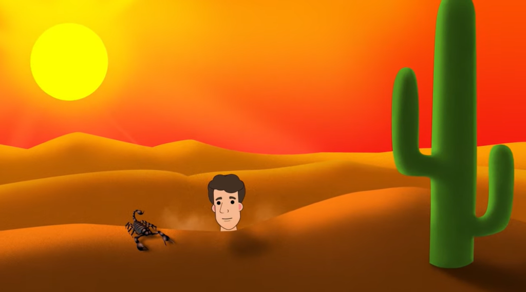 Animated desert background with a scorpion in the foreground. A man's head is peeking up from the sand.