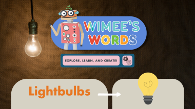 A lightbulb on a canvas background. The Wimee's Words logo is superimposed over it with an icon of a lughtbulb.