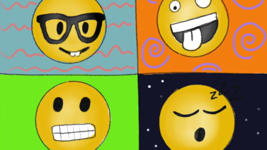 Four yellow smiley faces. each has a differnt expression and is on a different patterned background.