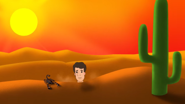Animated desert background with a scorpion in the foreground. A man's head is peeking up from the sand.